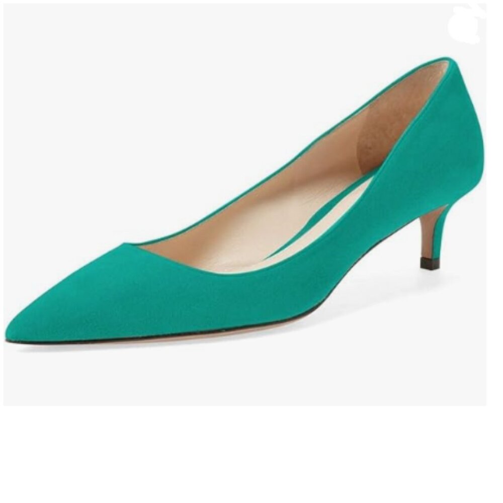 Ydn Turquoise Suede Kitten Heeled Pumps Pointed Toe Dress Shoes For Office Lady